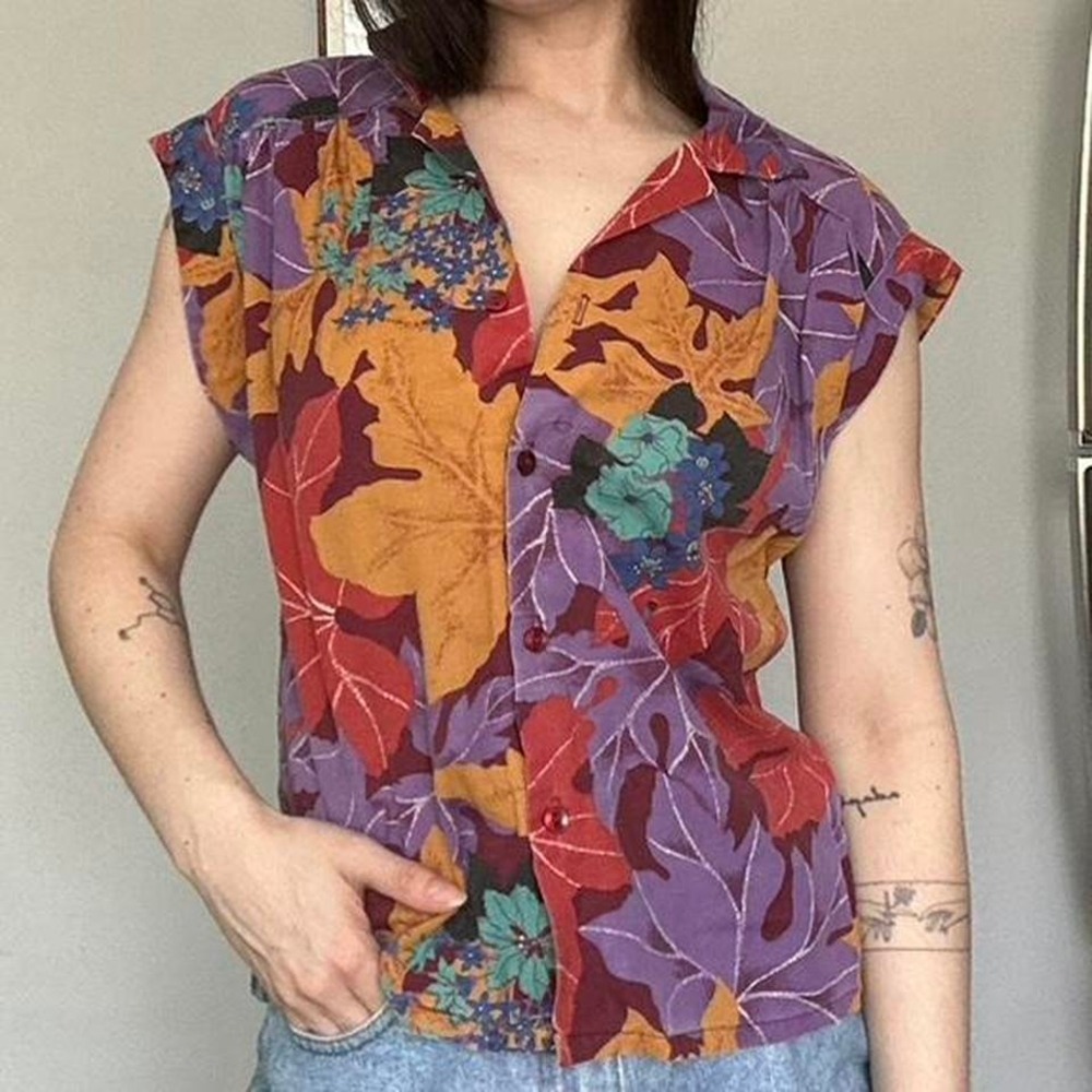 Vintage leaf print button down shirt